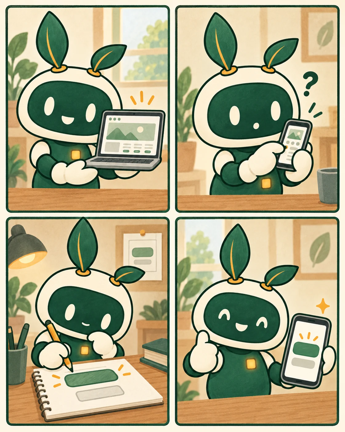 4コマ漫画。モリが完成したサイトを見せる、スマホの小さなボタンに困る、大きなボタンを描き直す、押しやすい画面ができて喜ぶ。