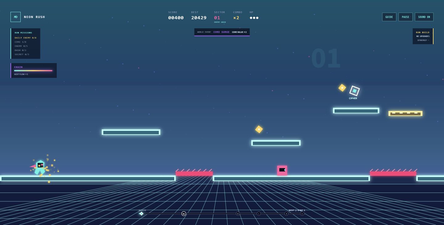 NEON RUSHでプレイヤーが光る足場と障害物を攻略している画面