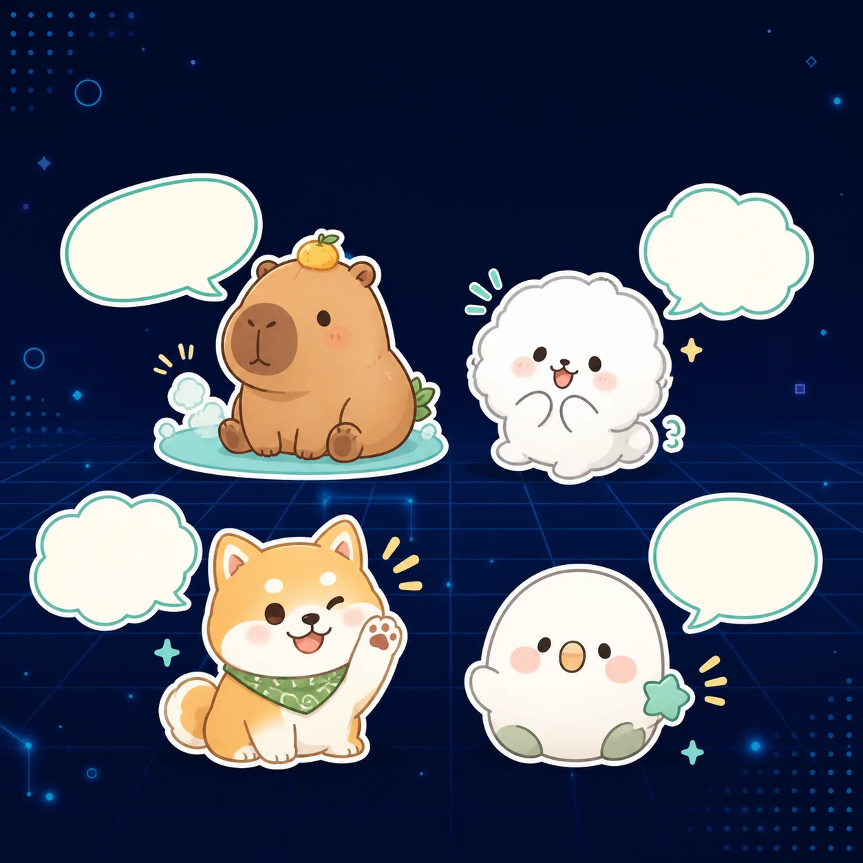 カピバラ、ふわふわの動物、柴犬、小鳥をモチーフにしたMoriHara DigitalのLINEスタンプ紹介イメージ